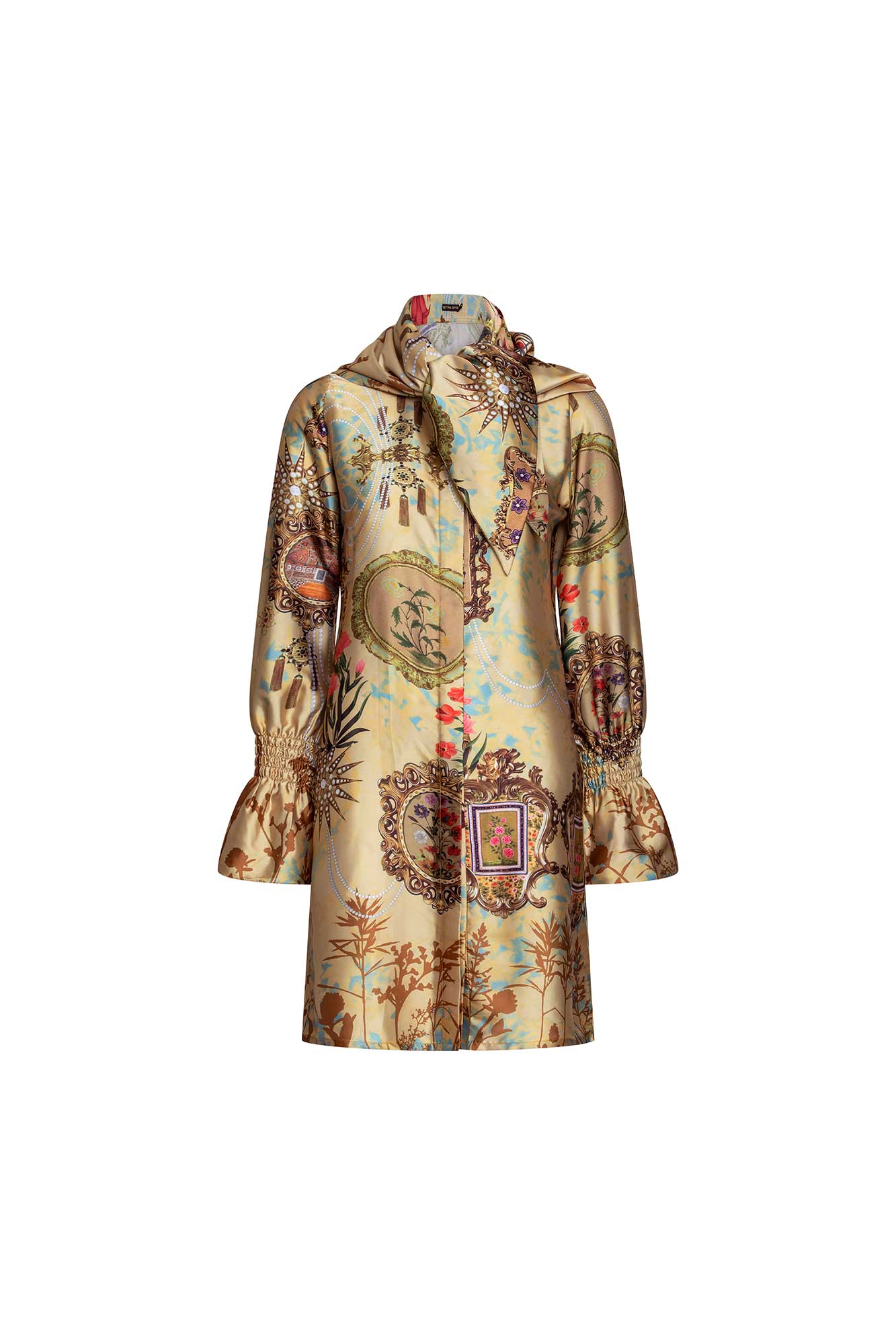 Blusa larga cuello pañuelo dorada con estampado floral de marcos inspirados en Maria Antonieta
