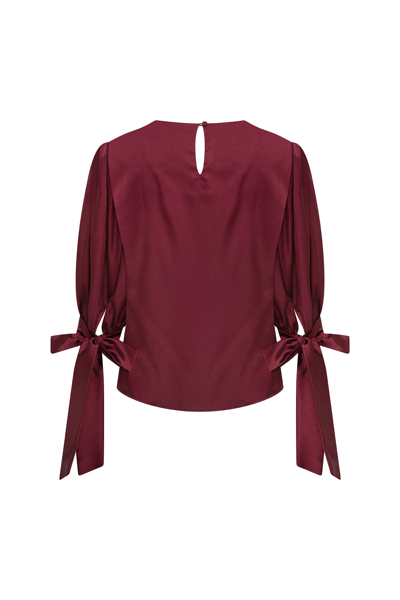Vista posterior de la Blusa Manga Puff Moño Vino con abertura en el cuello