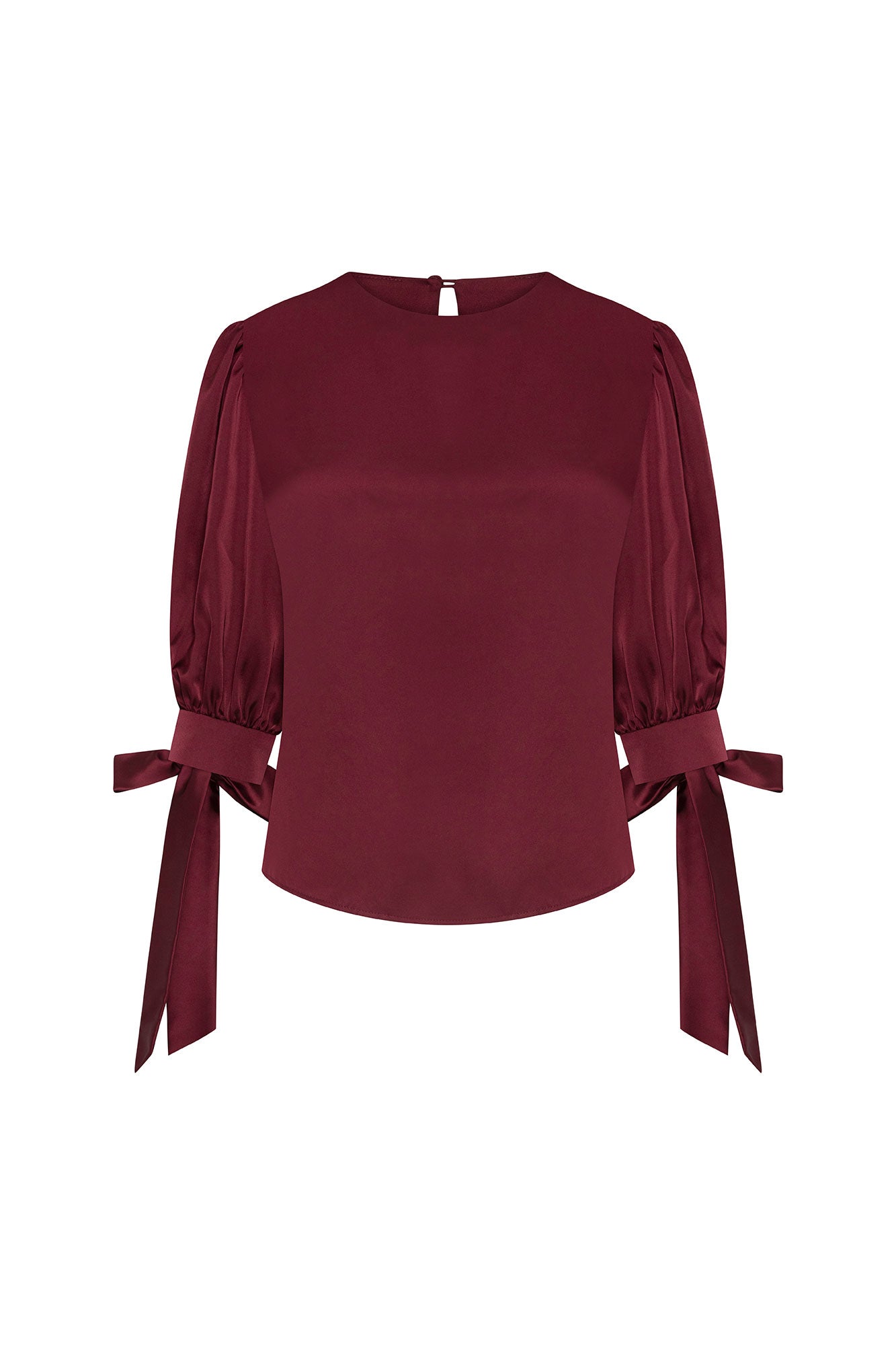 Blusa Manga Puff Moño Vino, vista frontal con lazos en los puños