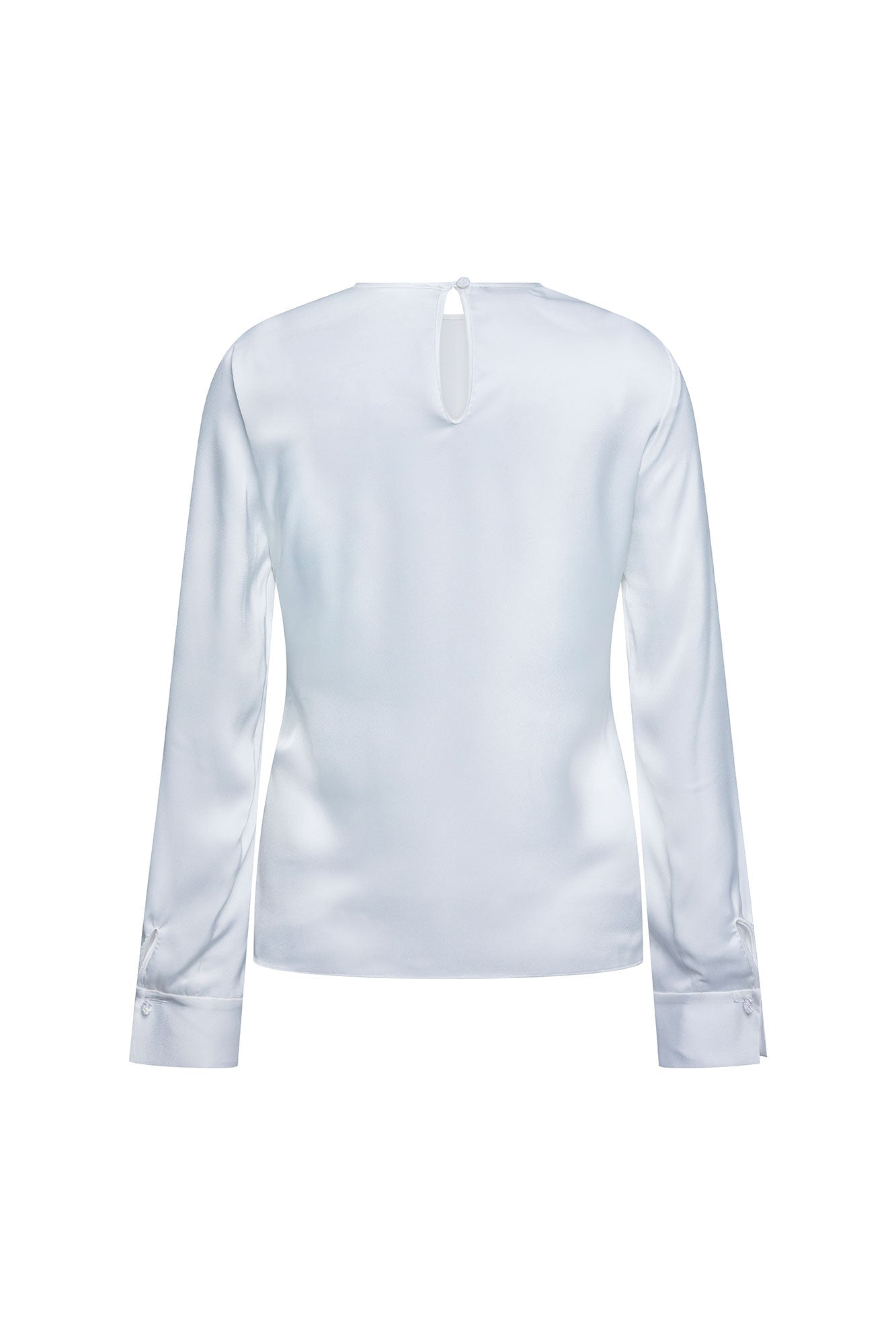 Blusa Sesgo Mancorna Cristal Ivory – vista trasera con detalle de puños y mancornas