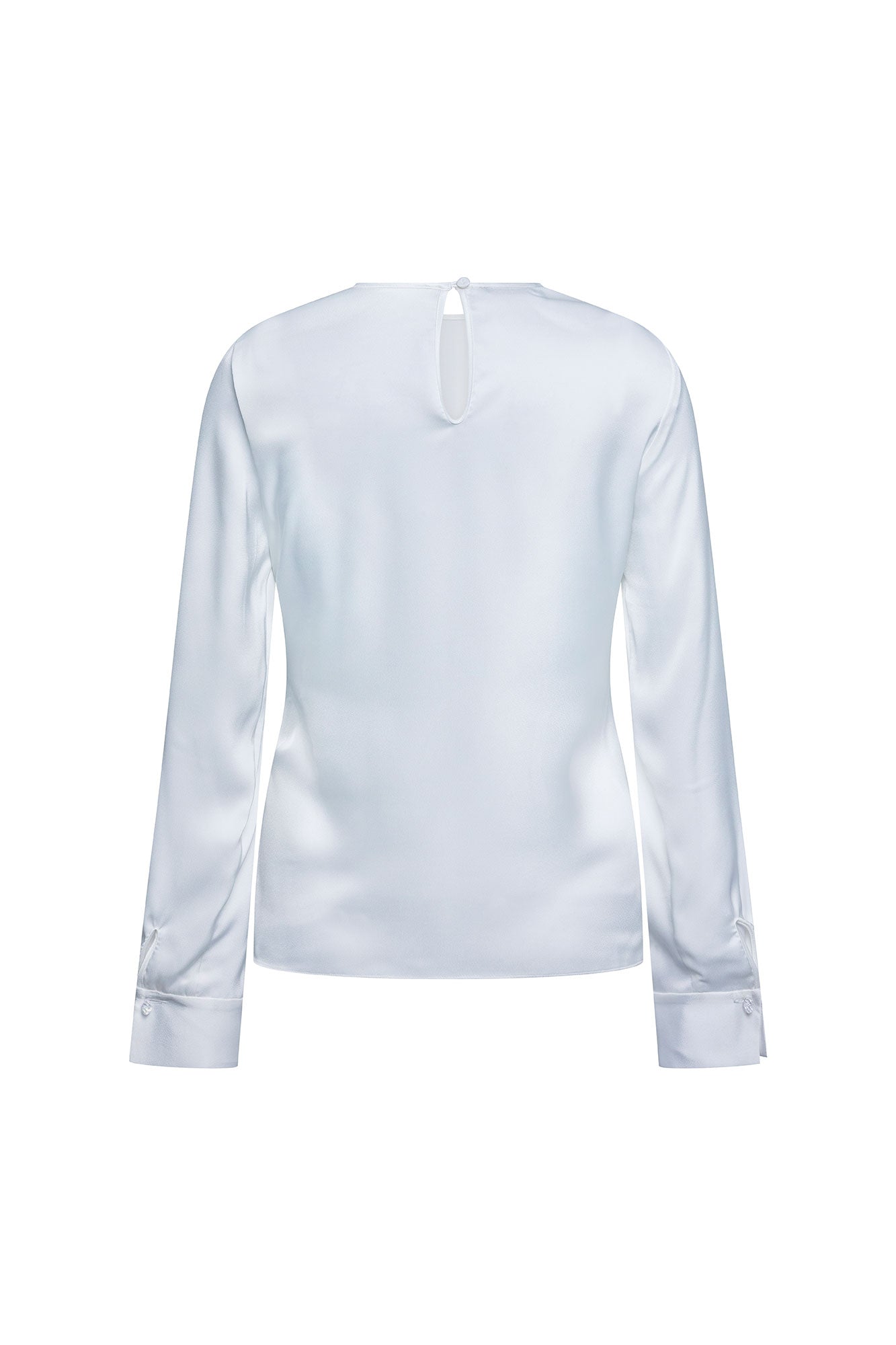 Blusa Sesgo Mancorna Cristal Ivory – vista trasera con detalle de puños y mancornas