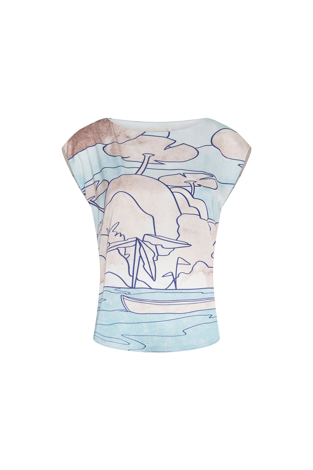 Crop Manga Japonesa Carlota Estampado Azul, vista frontal con paisaje ilustrado