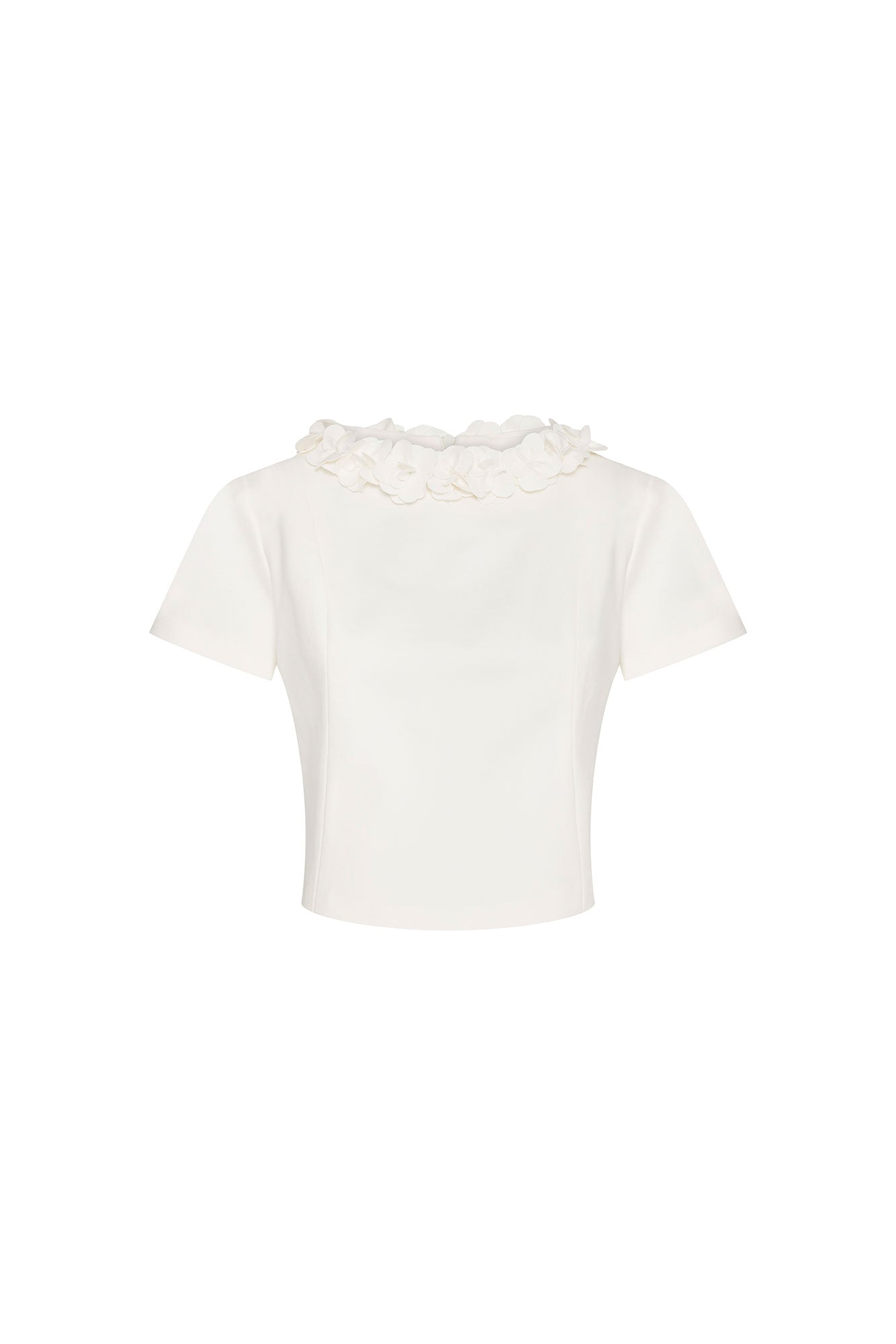 Crop Manguita Cuello Flor Ivory - vista frontal flores tridimensionales en cuello
