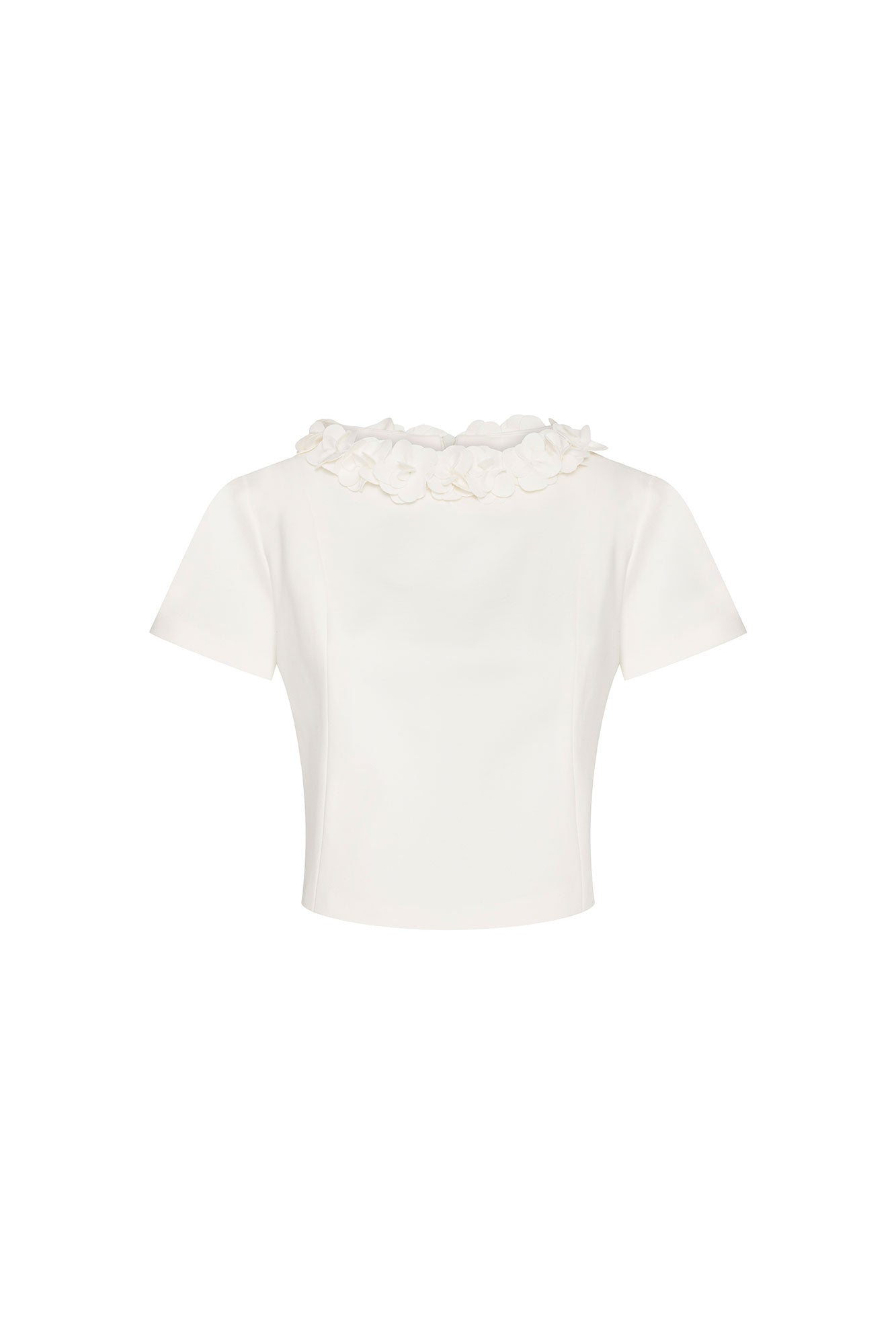 Crop Manguita Cuello Flor Ivory - vista frontal flores tridimensionales en cuello