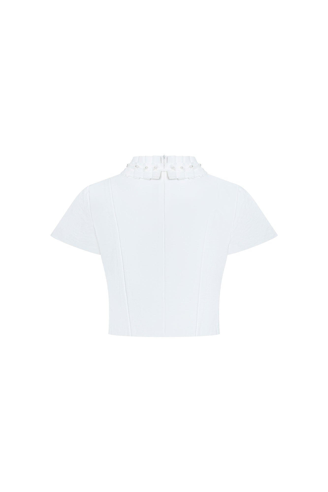 Vista trasera crop top ivory manguita cuello flor - Bettina Spitz
