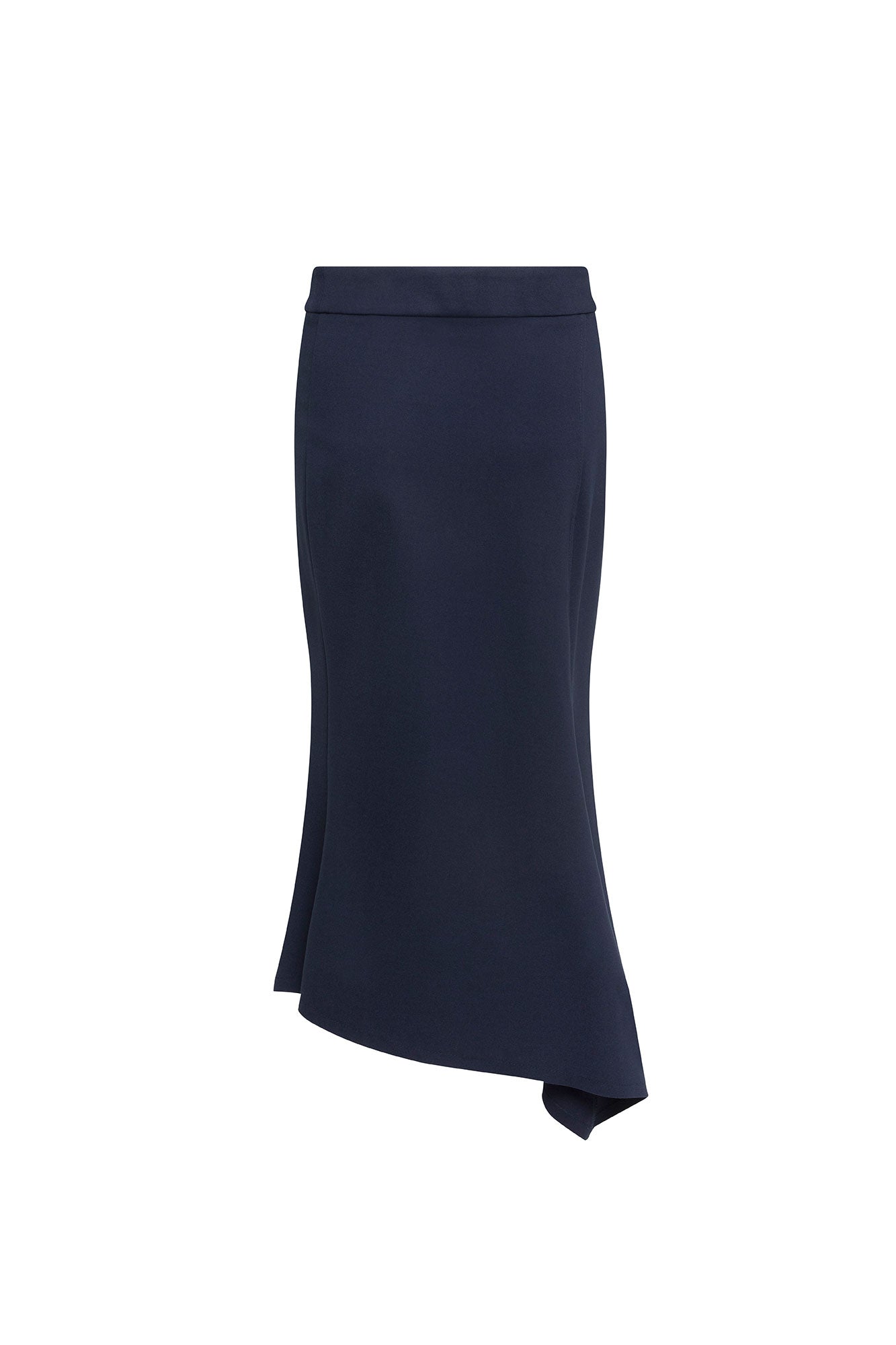 Falda Línea Asimétrica Navy – vista lateral con detalle del pico asimétrico
