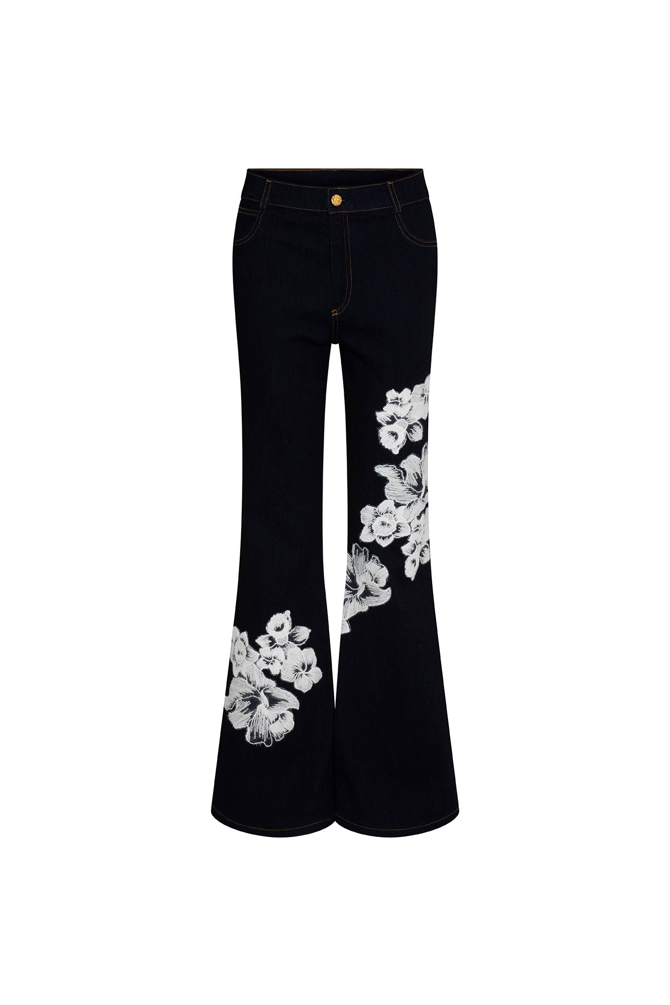 Jean Campana Flor Hilo Navy - vista frontal bordado floral hilo blanco