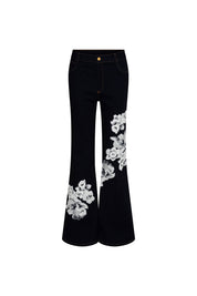 Jean Campana Flor Hilo Navy - vista frontal bordado floral hilo blanco