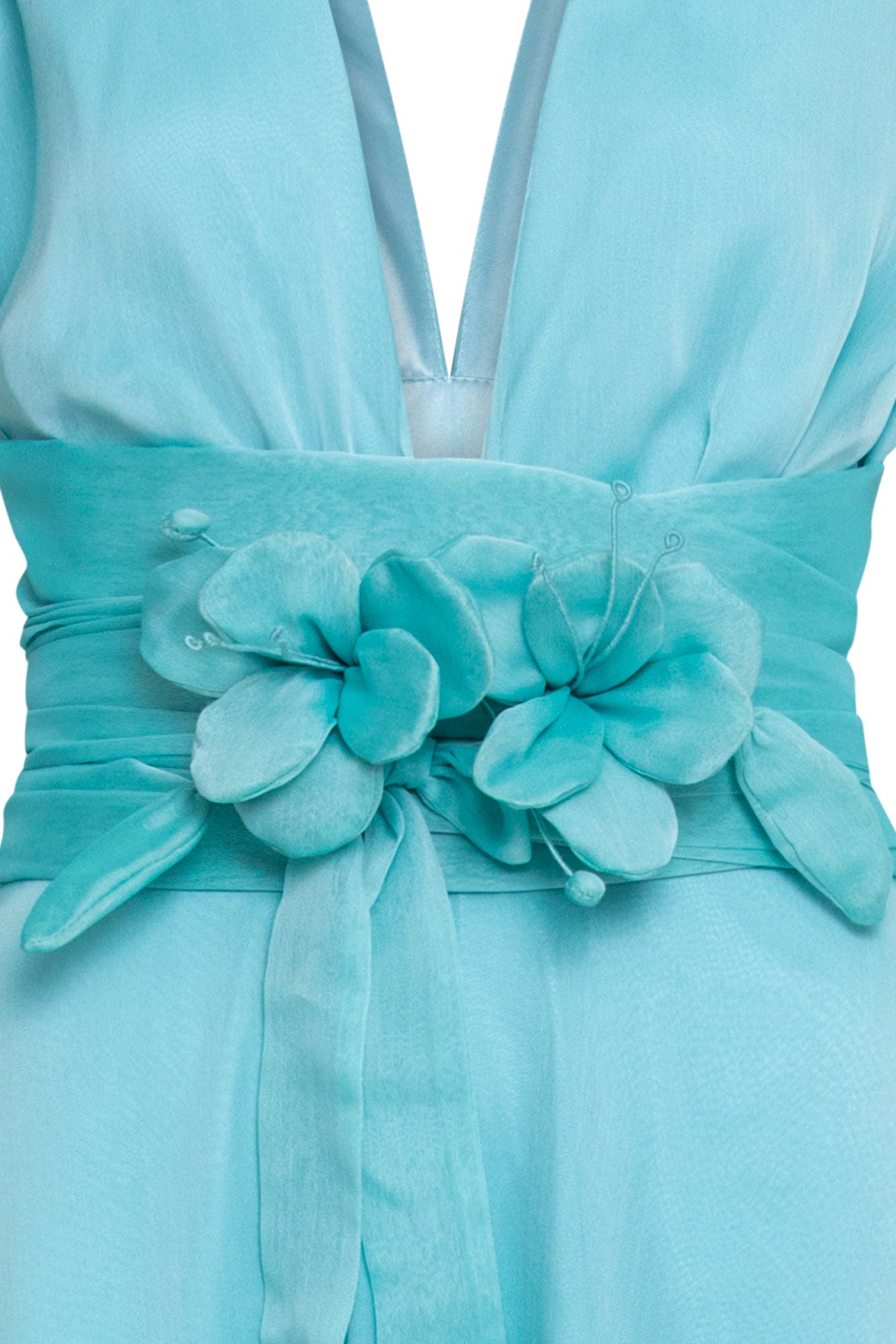Maxi Vestido Amarres Lazo Flor Aqua - detalle flores cintura
