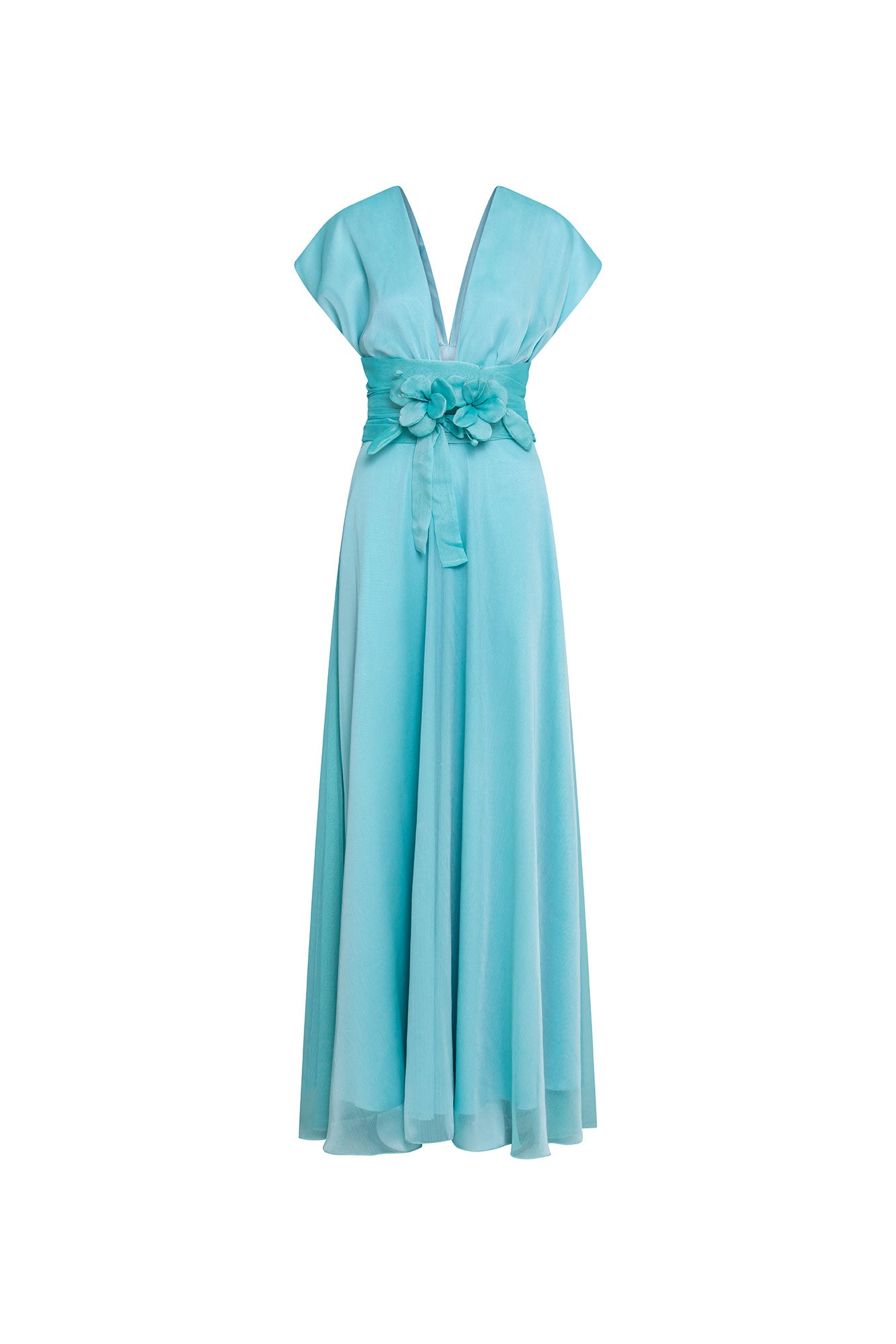 Maxi Vestido Amarres Lazo Flor Aqua - vista frontal