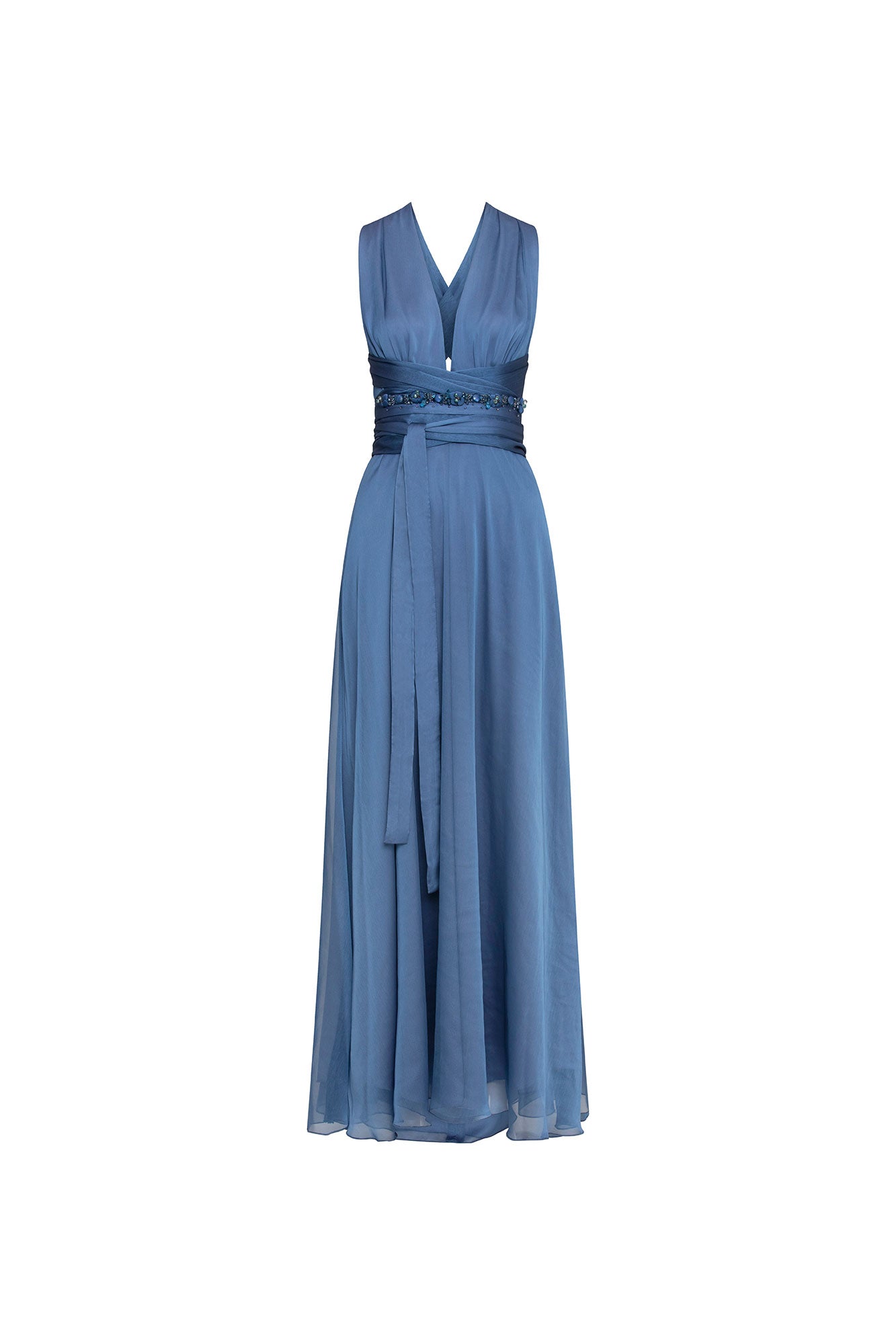 Maxi Vestido Amarres Tira Brillos Azul, vista frontal