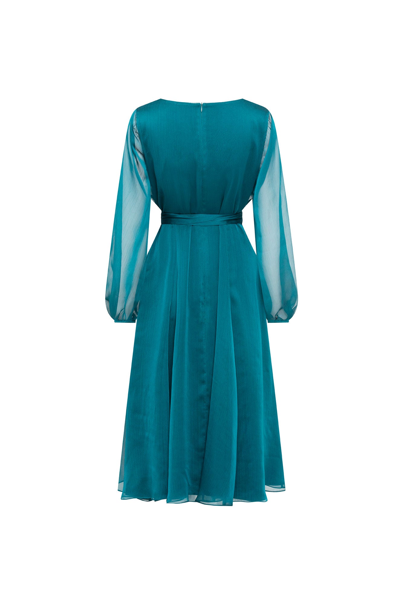 Midi Vestido Cinta Manga Bomba Tira Verde, vista posterior