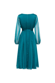 Midi Vestido Cinta Manga Bomba Tira Verde, vista posterior