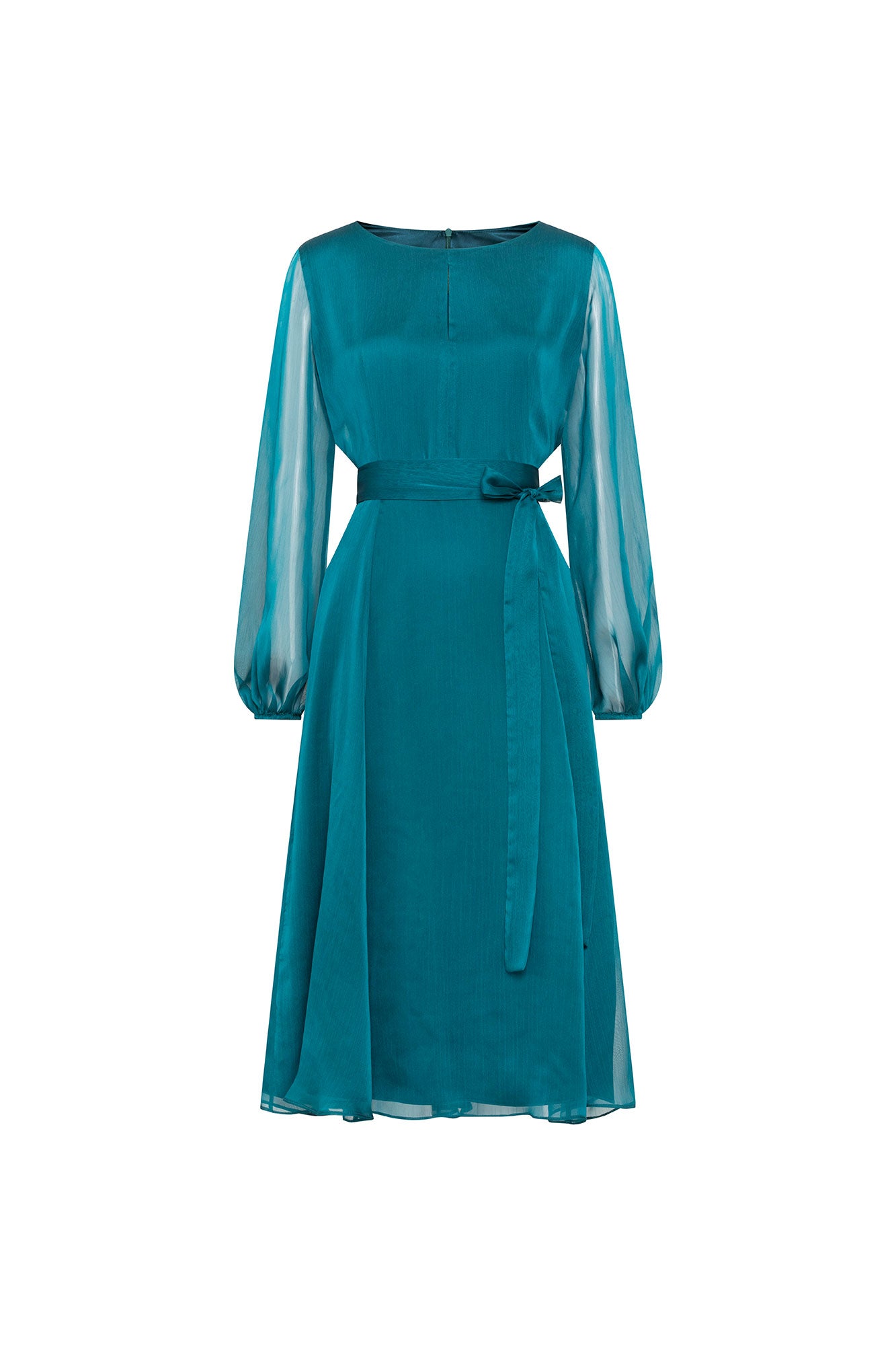 Midi Vestido Cinta Manga Bomba Tira Verde, vista frontal