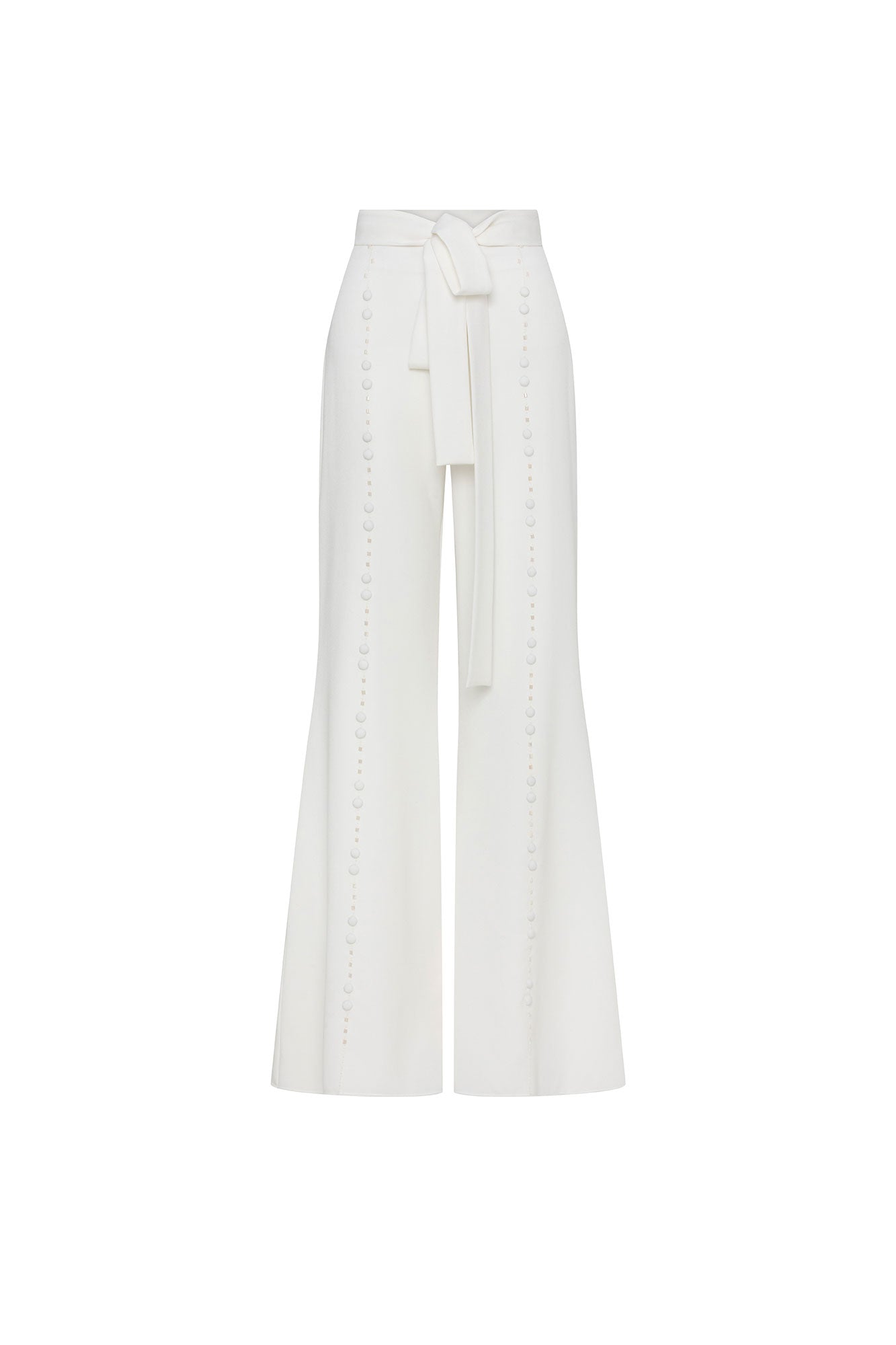 Pantalón Alto Tira Botoncitos Ivory, vista frontal con amarre en la cintura