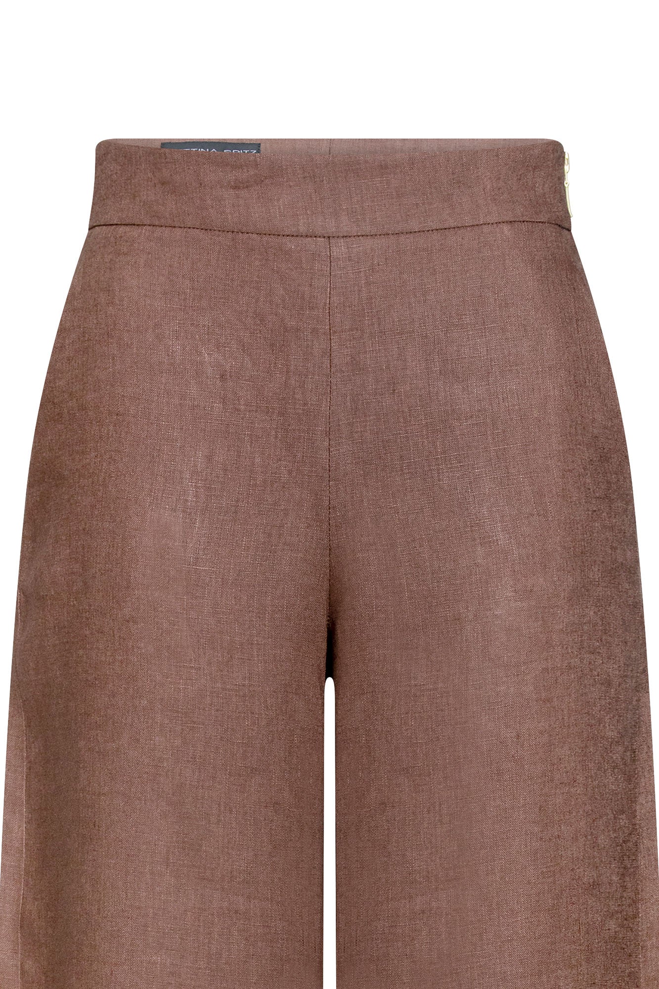 Detalle cremallera lateral pantalón largo lino chocolate - Bettina Spitz
