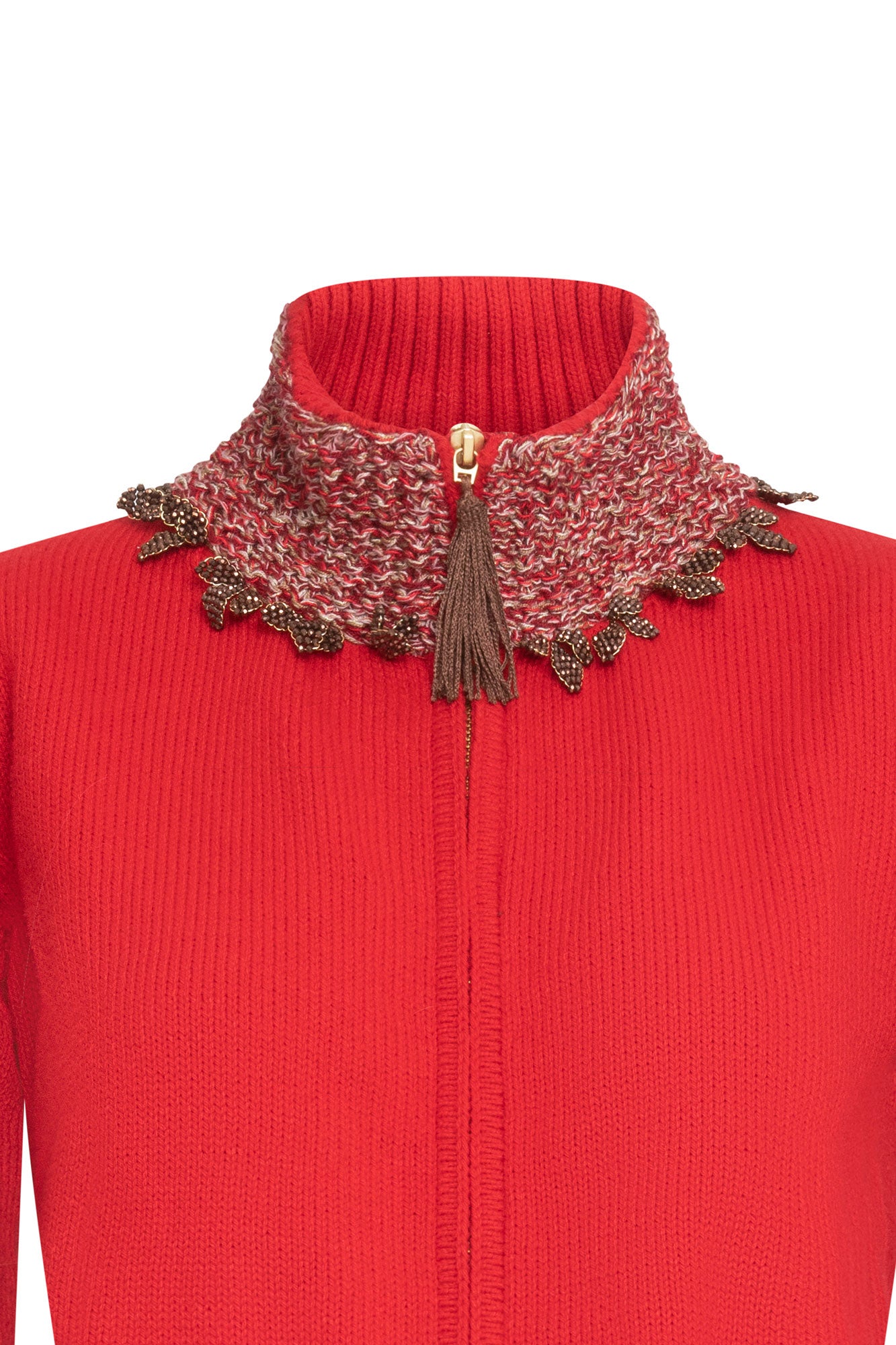SACO CREMALLERA CUELLO TEJIDO HOJAS ROJO