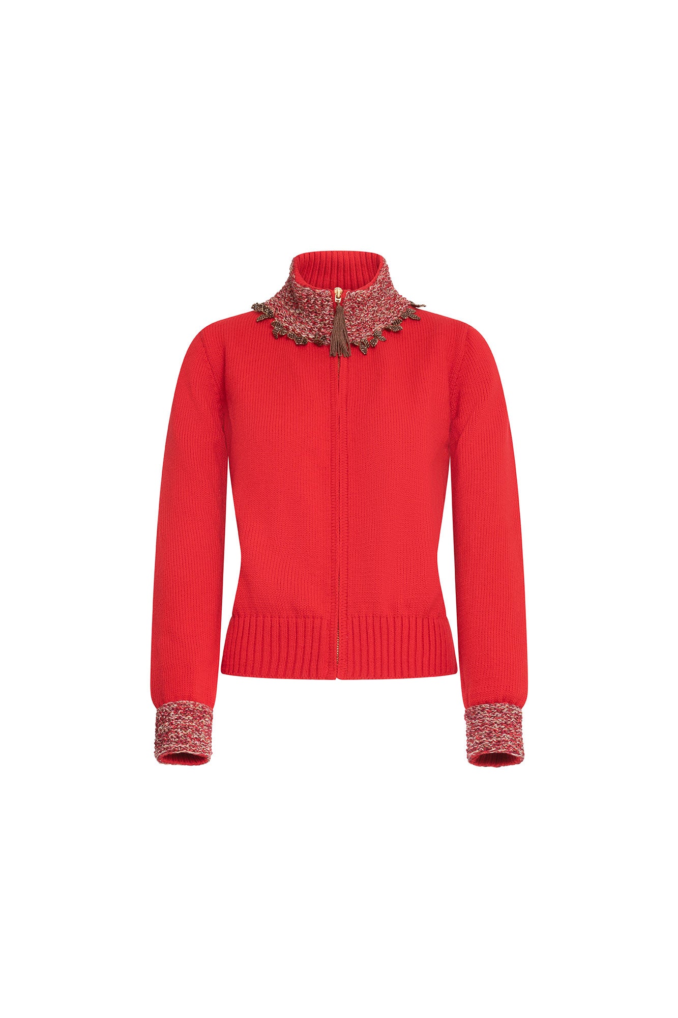 SACO CREMALLERA CUELLO TEJIDO HOJAS ROJO