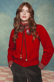 SACO CREMALLERA CUELLO TEJIDO HOJAS ROJO