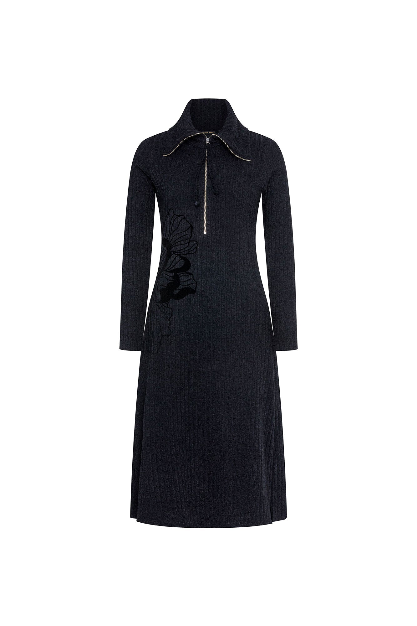 Vestido Cremallera Bordado Flor Maxi Negro – vista frontal