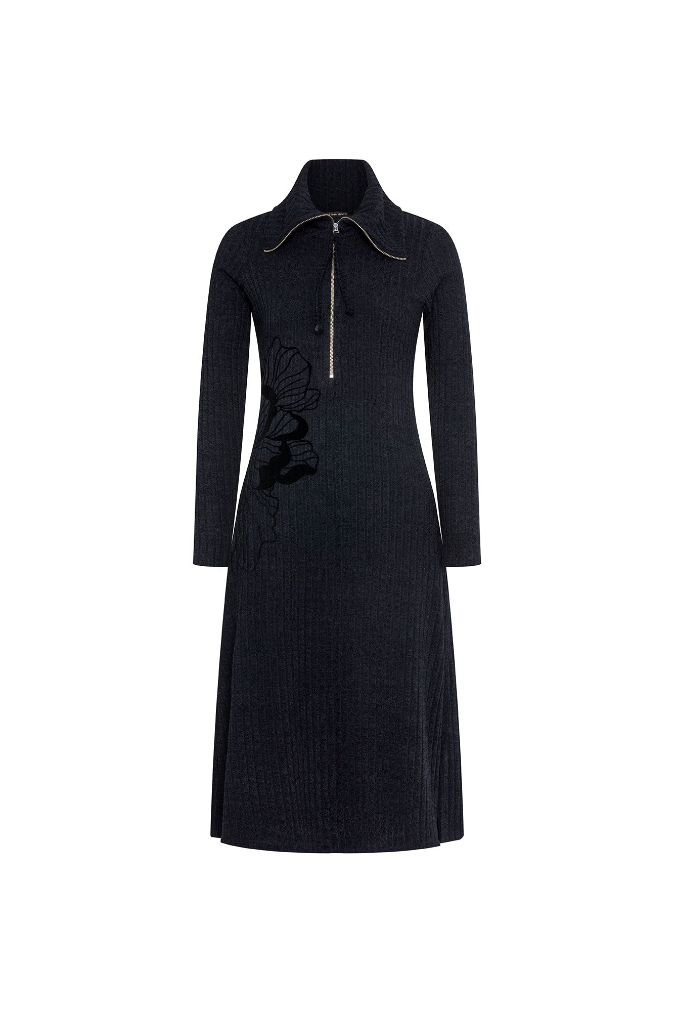 Vestido Cremallera Bordado Flor Maxi Negro – vista frontal