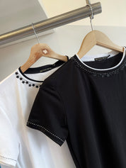 T-Shirt Vivo Pespunte Flores Negro